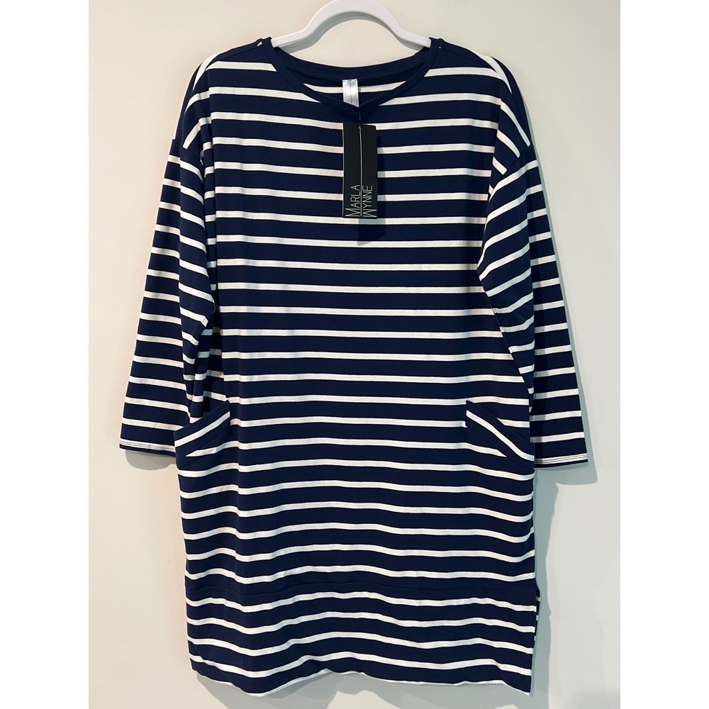 MarlaWynn Women's Blue White Striped Tunic Dress 3/4 Sleeve Pockets NWT Large